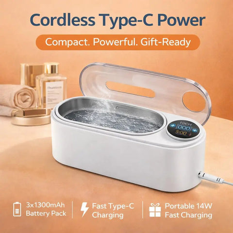 Ultrasonic Jewelry Cleaner Delivers Knockout Deep Clean With 48KHz Waves 440Ml Tank with lid open revealing water.