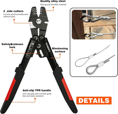 Beefy Heavy Duty Wire Rope Crimping Tool Kit For Aluminum Crimp Sleeves Up To 2.0mm with safety lock and cushioned grips.