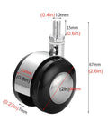 Darn Smooth Dual Swivel Casters Replacement Trolley Wheels For Office Chairs And Sofas With No Sweat Moving Heavy Built Tough Twin Rollers Universal M10 Stem Two Inch Plastic Glide Non Marking Finish close-up image with measurements.