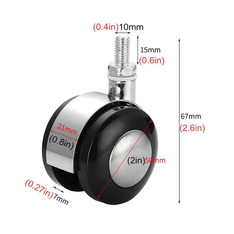 Darn Smooth Dual Swivel Casters Replacement Trolley Wheels For Office Chairs And Sofas With No Sweat Moving Heavy Built Tough Twin Rollers Universal M10 Stem Two Inch Plastic Glide Non Marking Finish close-up image with measurements.