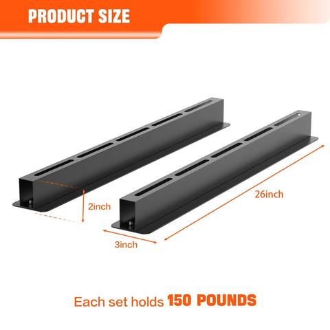 Overhead Garage Ceiling Bin Storage Rack For Six Bins Adjustable Heavy Duty Tote Rails That Declutter Your Garage And Free Up Floor Space No More Floor Clutter With Ceiling Tote Storage Bins Not Included, showing 26-inch steel rails.