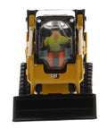 Front view of CAT 259D3 Compact Track Loader Diecast Model with Bucket Attachment, featuring operator inside the cab.