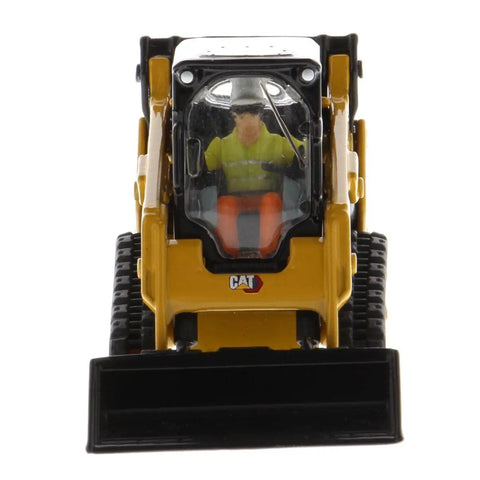 Front view of CAT 259D3 Compact Track Loader Diecast Model with Bucket Attachment, featuring operator inside the cab.