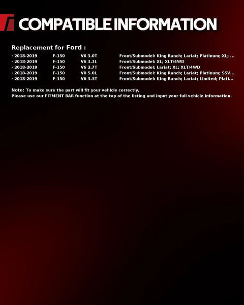 Compatible information for Ford F-150 models 2018-2019 detailing engine types and trim levels.