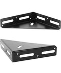 Heavy Duty 2 Pack Steel Angle Brackets With Triangular Corner Support For Wooden Shelving And Cabinet Fixtures, black steel mounts viewed from two angles.