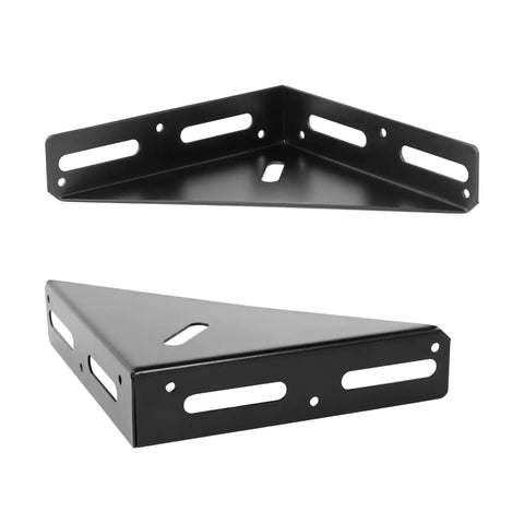 Heavy Duty 2 Pack Steel Angle Brackets With Triangular Corner Support For Wooden Shelving And Cabinet Fixtures, black steel mounts viewed from two angles.
