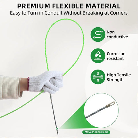 Heavy Duty Manual Wire Puller 65 Foot Flexible Polyester Cord With Smooth Spring Roller Head, showing green flexible cord and metal pulling head.