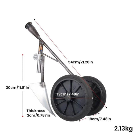Durable Handheld Garden Tillers 3 In 1 Rotary Cultivator And Wheel Hoe For Digging Weeding And Planting All Purpose Steel Weeder Tool For Easy Backyard Garden Work Handle Not Included, showing dimensions and black wheels, without handle.