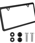 Stainless Steel License Plate Frame With Slim Two Hole Design Flat Plate Holder That Keeps It Clean And Rust Free Weatherproof Car Accessory With Metal Screw Caps Black Finish Narrow Frame For Standard Plates displayed with screws and caps.