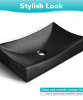 Sleek Porcelain Vessel Sink 26x15 Inches Above Counter Rectangle With Pop Up Drain Set Black Industrial Modern Vanity Basin
