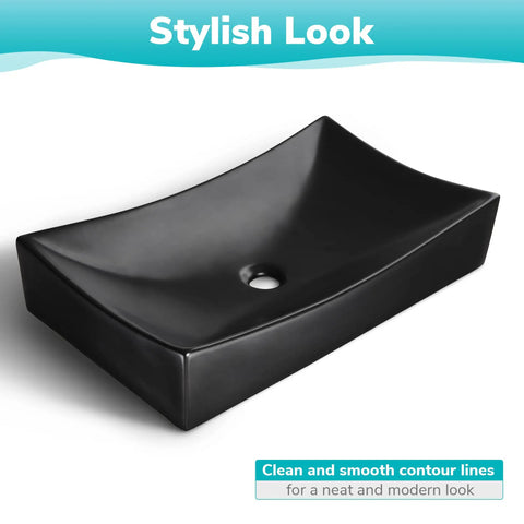 Sleek Porcelain Vessel Sink 26x15 Inches Above Counter Rectangle With Pop Up Drain Set Black Industrial Modern Vanity Basin
