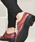 Close-up of shoe with Black Heel Repair Rubber Patches For Shoes Non Slip Diamond Pattern Bottom Heel Patches installed.