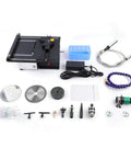 Genuine Usa Stock Ready To Roll Heavy Duty 7Speed Bench Grinder For Gem Faceting Jade Polishing Stone Carving Woodwork And Jewelry With Smooth 1600 To 3300Rpm Tuning Fast Setup, with accessories on a work table.