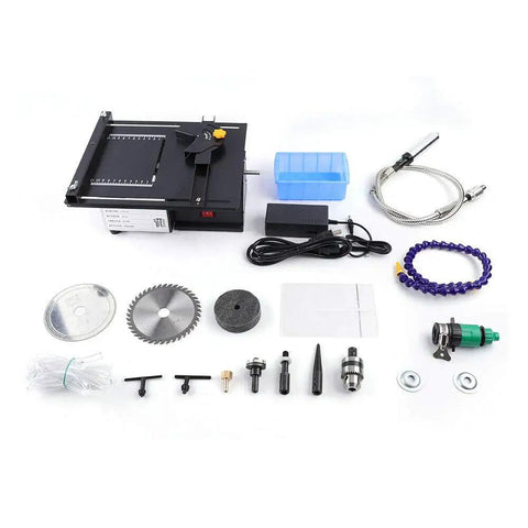 Genuine Usa Stock Ready To Roll Heavy Duty 7Speed Bench Grinder For Gem Faceting Jade Polishing Stone Carving Woodwork And Jewelry With Smooth 1600 To 3300Rpm Tuning Fast Setup, with accessories on a work table.