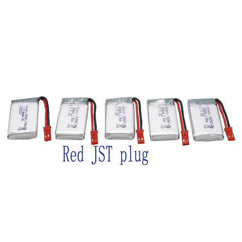 Five Pack 3.7V 800mAh 25C Rechargeable LiPo Batteries With JST Plug And All In One 4 In 1 Charging Board For MJX X300C X400W X600 X800 RC Quadcopter Drones High Capacity Power Up With Burst 50C showing five batteries with red JST plugs