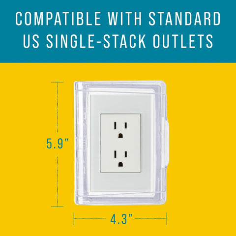 Peel And Stick Outlet Cover For Single Stack US Outlets Waterproof Splash Guard With Button Hinged Closure showing dimensions.