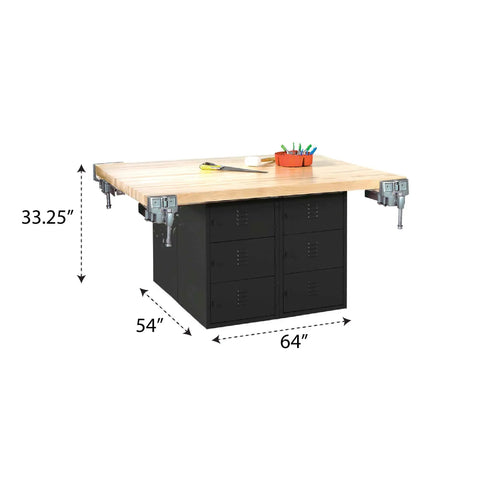 Heavy Duty 12 Vertical Locker Workbench With Four Pro Vises Rugged Hardwood Top And Secure Padlock Compartments Black Steel Garage Station with dimensions 64x54x33 inches.