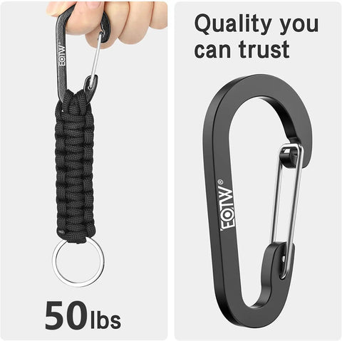 Paracord Keychain For Men And Women With Carabiner And Aluminum Clip, Durable Military Braided Nylon Lanyard, 2 Pack, Ideal For Camping, Hiking, Outdoor Gear, Backpack Accessory, Supports Up To 50 Lbs shown with metal ring and black carabiner