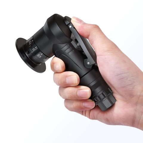 Black handheld pneumatic chamfering tool with adjustable dial, held in a hand.