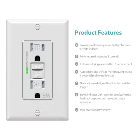 Six Pack Self Test GFCI Outlets With Tamper Resistant And Weather Resistant Construction, UL Listed, LED indicator shown