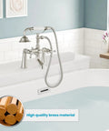 Deck Mount Clawfoot Tub Faucet With Telephone Shaped Handheld Shower 6 Inch Center Vintage Style 360 Degree Rotation Spout And Cross Handles Brushed Nickel Tub Filler Durable Solid Brass installed on a tub