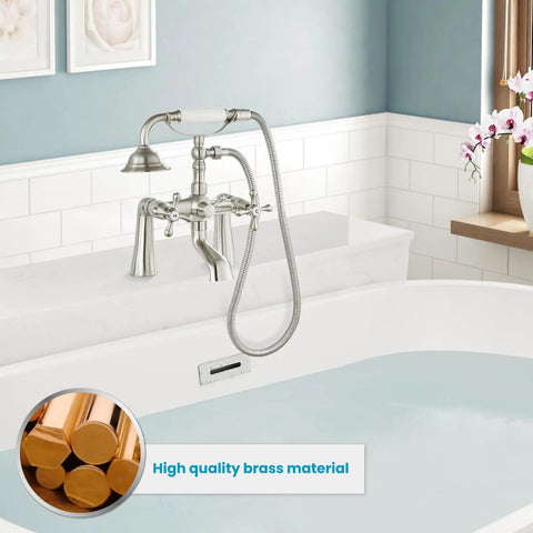 Deck Mount Clawfoot Tub Faucet With Telephone Shaped Handheld Shower 6 Inch Center Vintage Style 360 Degree Rotation Spout And Cross Handles Brushed Nickel Tub Filler Durable Solid Brass installed on a tub