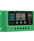 PWM Solar Charge Controller With Adjustable LCD Display For 12V 24V Systems, Durable Green Shell, Built To Last With Short Circuit Open Circuit Reverse Connection And Overload Protection, No Fuss Setup For Home And Small Business Use, 20A. Green PWM solar charge controller with LCD, USB port, and screw terminals