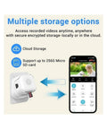 Hella Crisp 2K Cube Security Camera With Window Lens And Dual Band WiFi Live View AI Human Detection Full Color Night Vision Two Way Chat Built In Siren And 24 7 Loop Recording For Total Home Safe Vibes showing cloud and Micro SD storage options.