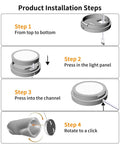 Installation steps for DIY LED Lamp Kit for 3D Printer Projects, showing how to press and rotate components for assembly.