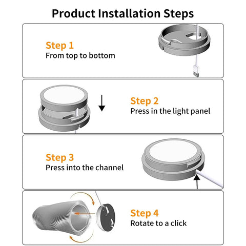 Installation steps for DIY LED Lamp Kit for 3D Printer Projects, showing how to press and rotate components for assembly.