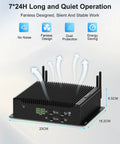 All Day Silent Mini PC Powered By Intel Core I7 Processor Paired With 32GB Ram And 1TB SSD Storage shown with fanless design, ports, and dimensions.