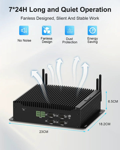 All Day Silent Mini PC Powered By Intel Core I7 Processor Paired With 32GB Ram And 1TB SSD Storage shown with fanless design, ports, and dimensions.