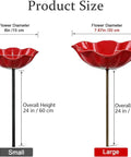 Metal Flower Garden Stake With Bird Bath Bowl For Outdoor Pollinator Watering Station, two sizes, small and large, red bowls