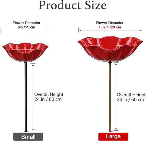 Metal Flower Garden Stake With Bird Bath Bowl For Outdoor Pollinator Watering Station, two sizes, small and large, red bowls