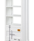 Sleek Industrial White Metal Bookshelf With Three Open Shelves And Sturdy Bottom Cabinet Door Tall Storage Rack, 82 inches high.