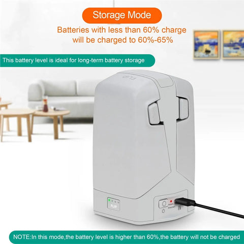 Two Way Charging Hub And Power Bank Kit For Drone Flip with LED indicator in storage mode on a table in a living room.