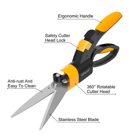Ultimate 360 Degree Swivel Grass Shears With 5 Inch Stainless Steel Blades, ergonomic handle, and safety lock feature.