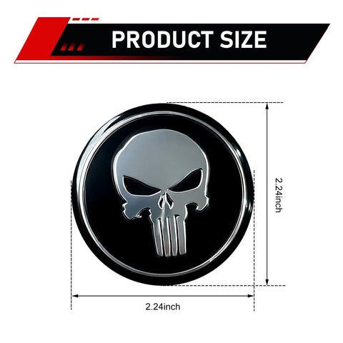 Badass Skull Print Wheel Hub Cap Covers 4 Pack Tough Metal Center Caps 2.24 inch size with detailed skull design.