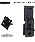 Heavy Duty Swivel Staple Hasps With Twist Knob Padlock Clasp Secures Gate Fence Or Barn Door Featuring Rust Proof Steel image showing a black hasp latch and swivel staple.