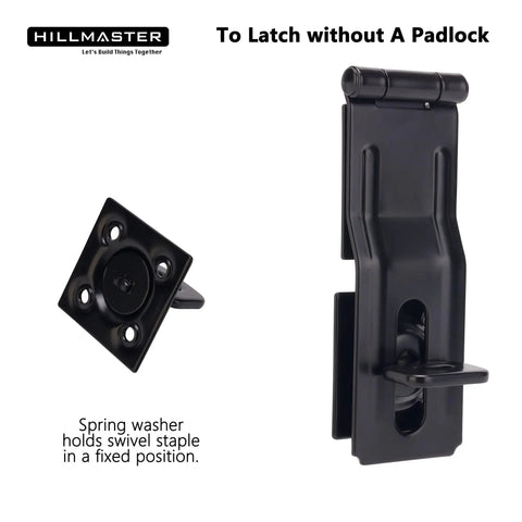 Heavy Duty Swivel Staple Hasps With Twist Knob Padlock Clasp Secures Gate Fence Or Barn Door Featuring Rust Proof Steel image showing a black hasp latch and swivel staple.