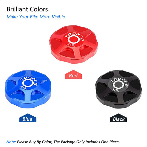 Front Fork Cap Suspension Cover Aluminum Alloy Valve Protector for Mountain and Road Bikes MTB in red, blue, and black.