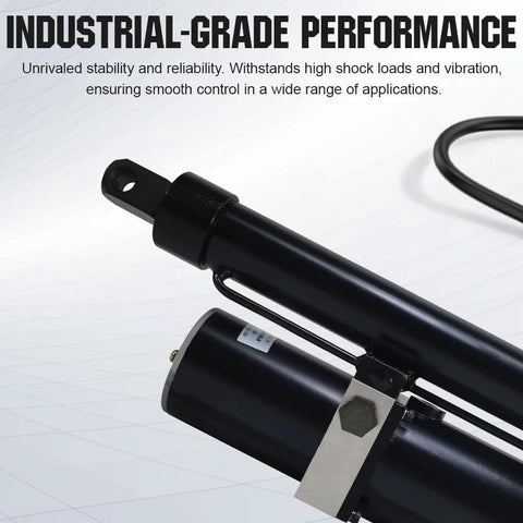 Hydraulic linear actuator; side view showing black metal body and mounting bracket.