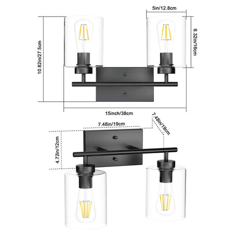 Diagram showing dimensions of Two Light Vanity Light Fixture Matte Black With Clear Glass Shades For Over Mirror Bathroom Lighting.