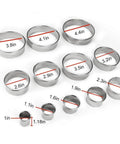12 Piece Round Cookie Cutter Set With Graduated Circle Cutters In 18 8 Stainless Steel arranged by size with measurement labels
