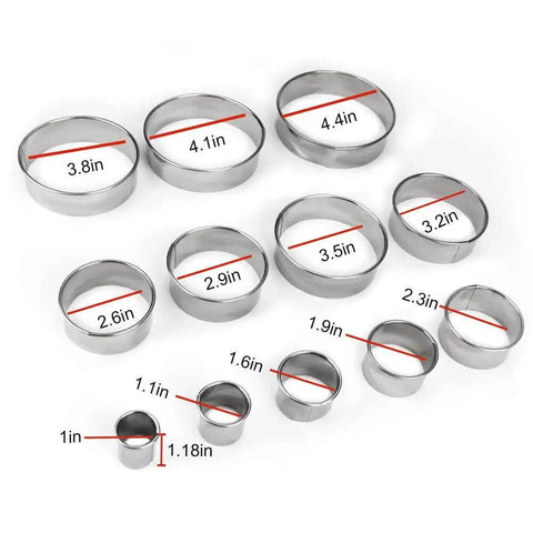 12 Piece Round Cookie Cutter Set With Graduated Circle Cutters In 18 8 Stainless Steel arranged by size with measurement labels