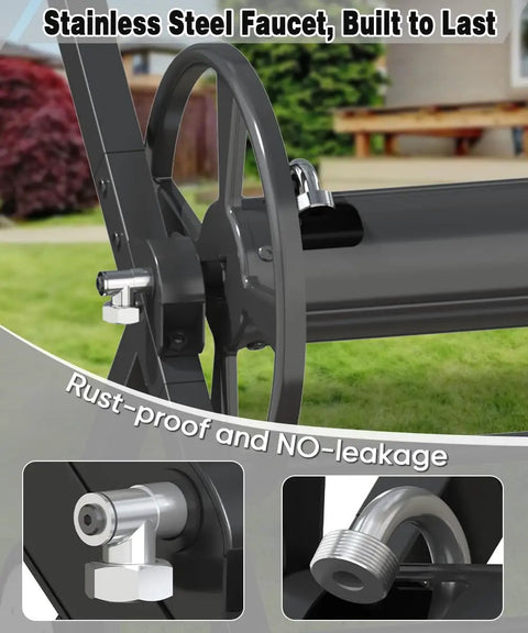 Close-up of Built Tough Heavy Duty Garden Hose Reel Cart with Wheels For Outdoor Use, showing stainless steel faucet detail.