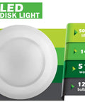6 LED disk light with specifications including 50,000 hours lifespan, 14.5 watts, and 120 watt bulb equivalent.