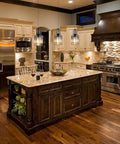 Circular Dimmable Pendant Light For Track Systems, H Type Pendant With Clear Crystal Shade hanging over kitchen island.