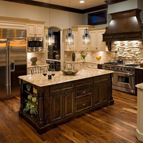 Circular Dimmable Pendant Light For Track Systems, H Type Pendant With Clear Crystal Shade hanging over kitchen island.