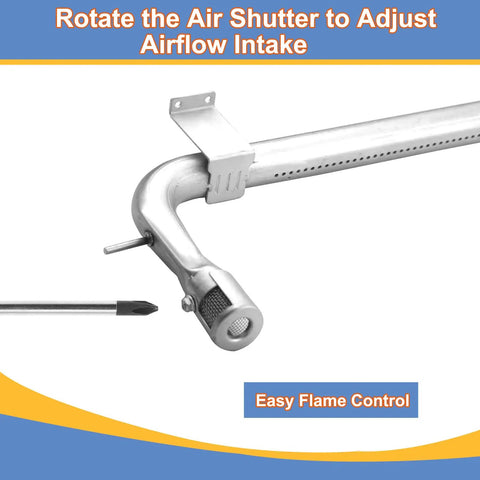 Two Pack Stainless Steel Oven Burner Tubes Gas Replacement For Viking Range 17 Inch showing airflow adjustment feature